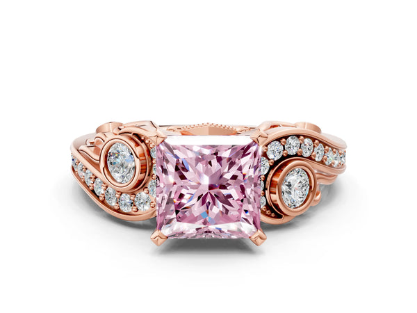 Rose gold Fancy Pink Princess Cut Diamond Solitaire Ring with Milgrain Pavé Band and Four-Prong Setting