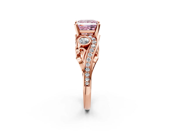Rose gold Fancy Pink Princess Cut Diamond Solitaire Ring with Milgrain Pavé Band and Four-Prong Setting