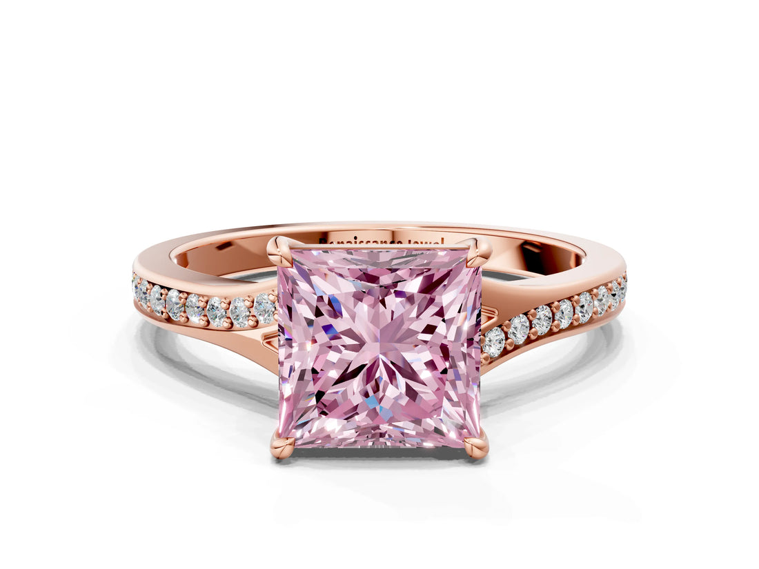 Rose gold Fancy Pink Princess Cut Diamond Solitaire Ring with Pavé Band and Prong Setting_12