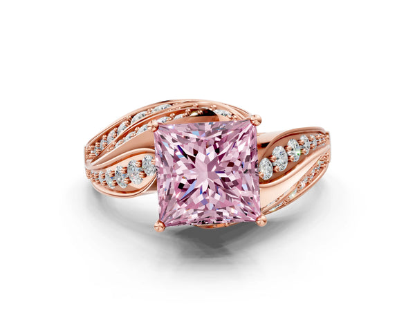 Rose gold Fancy Pink Princess Cut Diamond Solitaire Ring with Prong Setting and Twisted Pavé Band