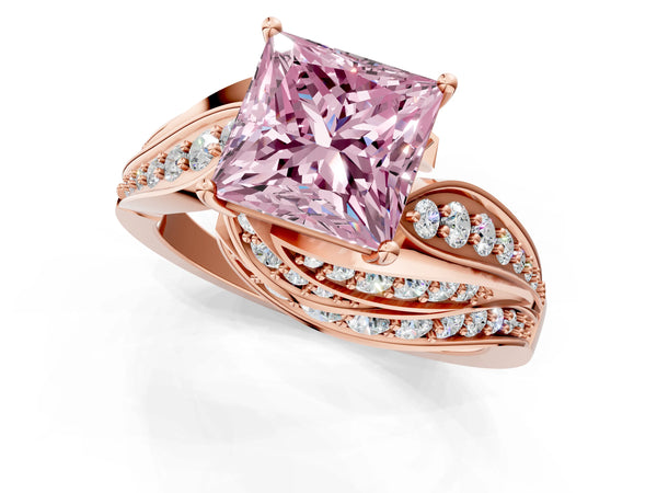 Rose gold Fancy Pink Princess Cut Diamond Solitaire Ring with Prong Setting and Twisted Pavé Band
