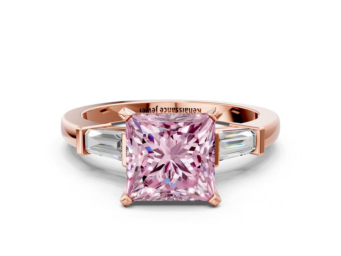 Rose gold Fancy Pink Princess  Cut Diamond Solitaire Ring with Tapered Baguette Accents and Four-Prong Setting