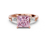Rose gold Fancy Pink Princess  Cut Diamond Solitaire Ring with Tapered Baguette Accents and Four-Prong Setting