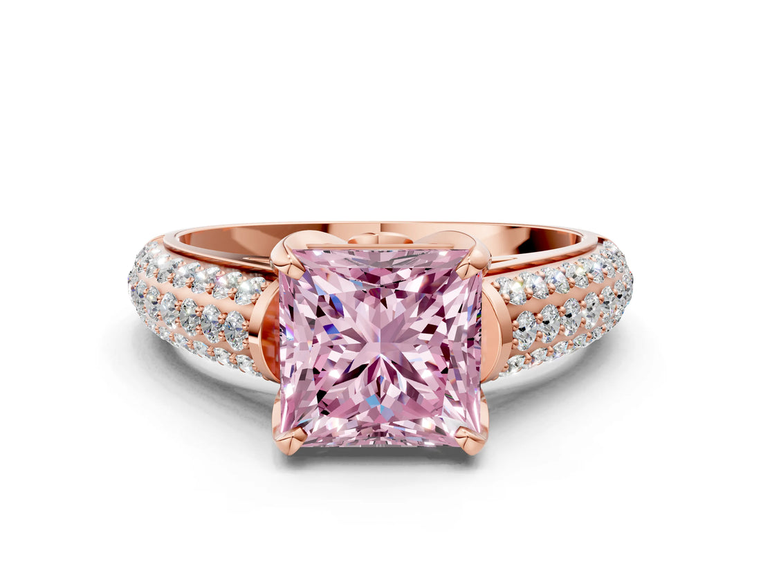 Rose gold Fancy Pink Princess Cut Diamond Solitaire Ring with Three-Row Pavé Band and Four-Prong Setting_18