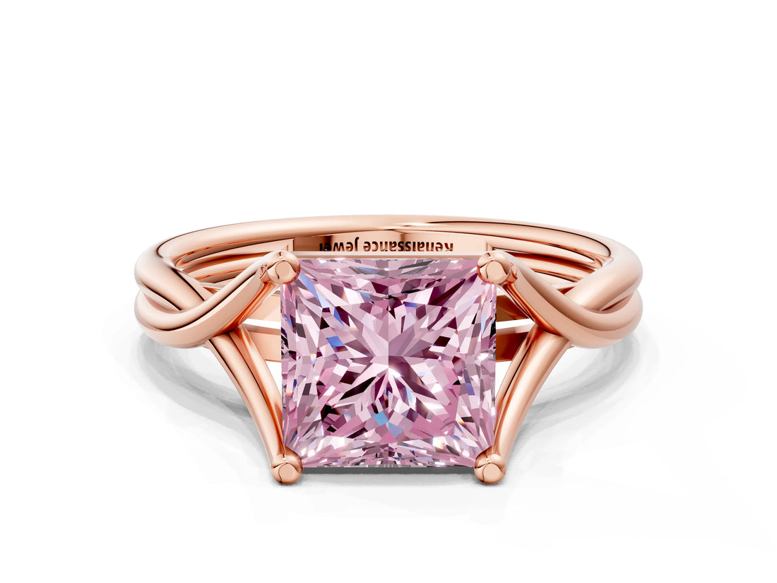 Rose gold Fancy Pink Princess Cut Diamond Solitaire Twist Band Prong Setting Ring_92