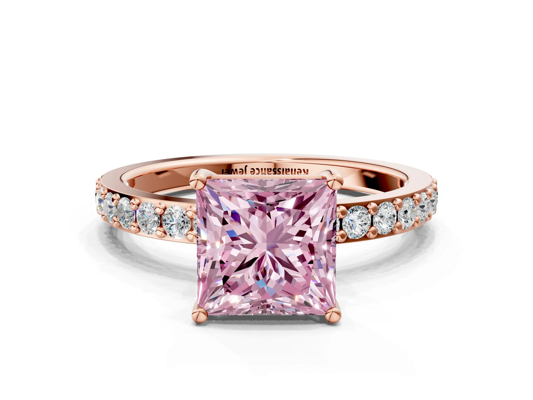 Rose gold Fancy Pink Princess  Cut Diamond Solitaire with Pave Band and Four-Prong Setting 15
