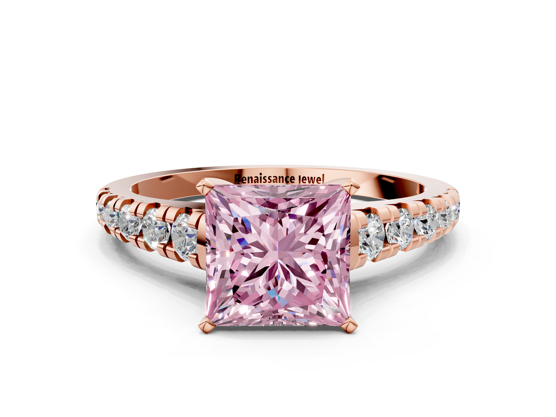 Rose gold Fancy Pink Princess  Cut Diamond Solitaire with Pave Band and Four-Prong Setting