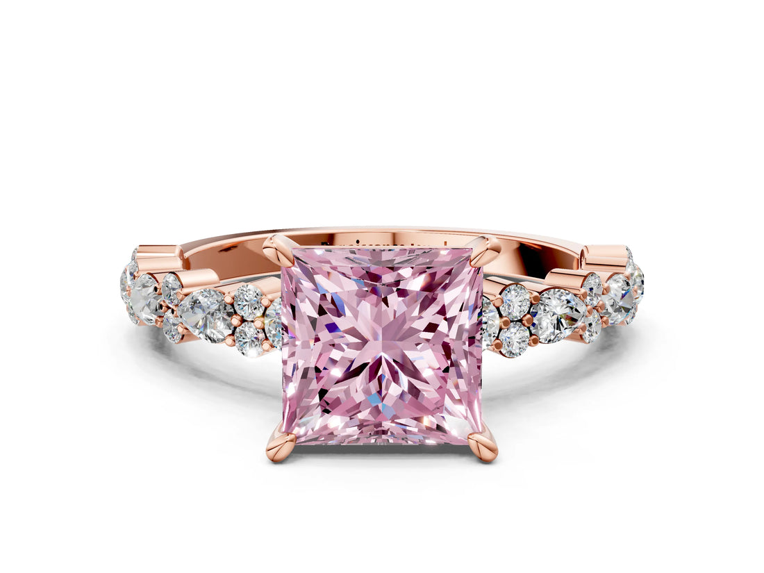 Rose gold Fancy Pink Princess Cut Diamond Solitaire with Side Stones, Pave Band, Four-Prong Setting_29