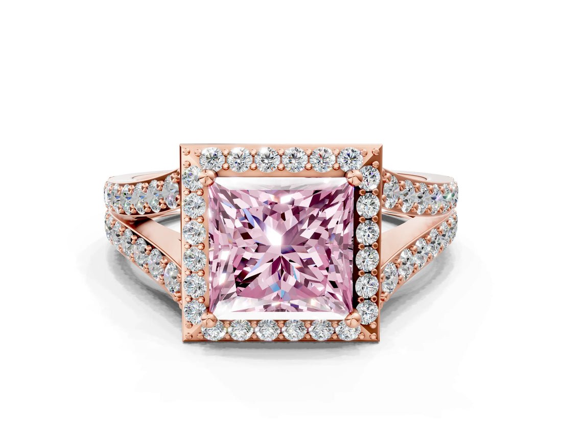 Rose gold Fancy Pink Princess Cut Diamond Split Shank Halo Ring with Four-Prong Setting_17