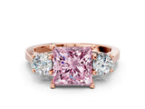 Rose gold Fancy Pink Princess Cut Diamond Three-Stone Engagement Ring with Prong Setting and Pavé Band