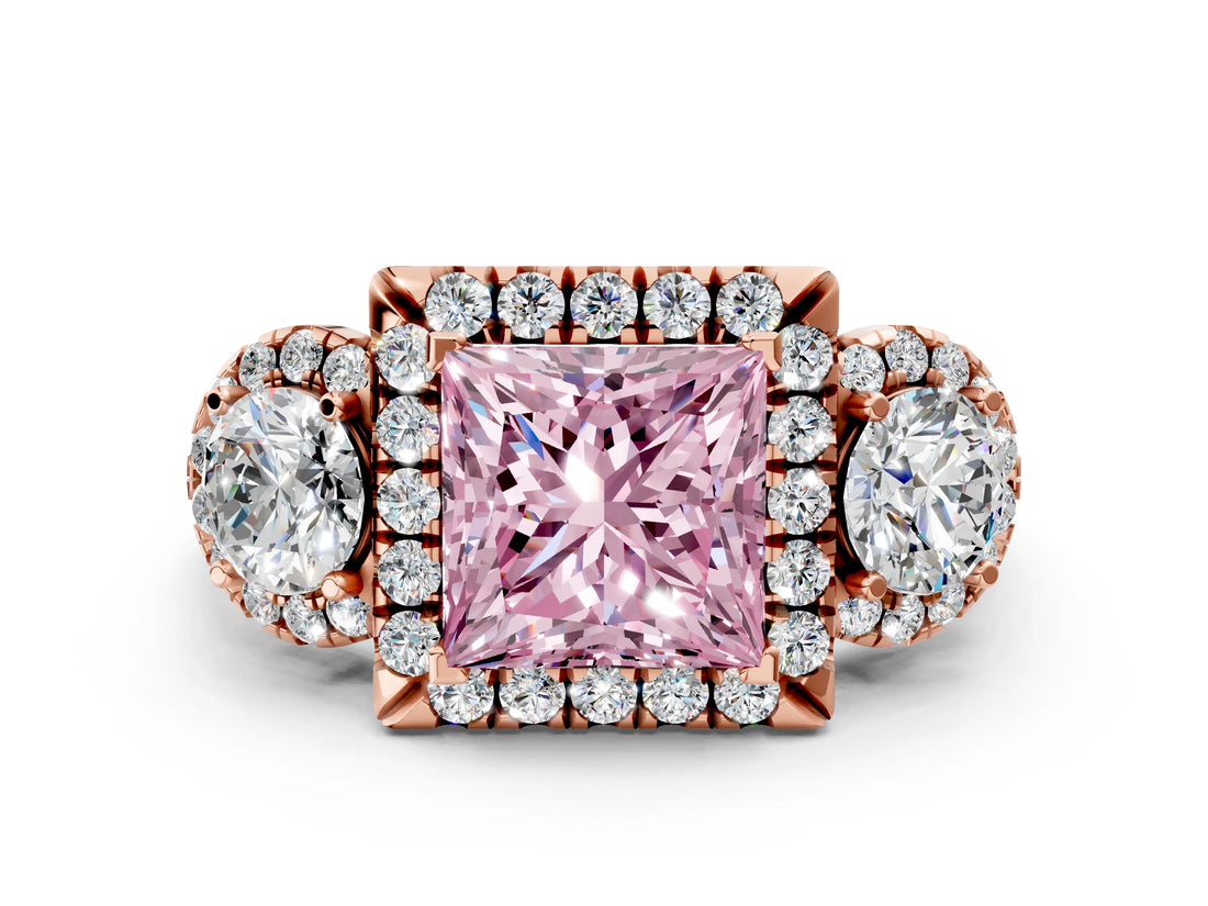 Rose gold Fancy Pink Princess Cut Diamond Three-Stone Halo Ring with Prong Setting and Pavé Accents