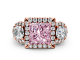 Rose gold Fancy Pink Princess Cut Diamond Three-Stone Halo Ring with Prong Setting and Pavé Accents