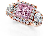 Rose gold Fancy Pink Princess Cut Diamond Three-Stone Halo Ring with Prong Setting and Pavé Accents_1