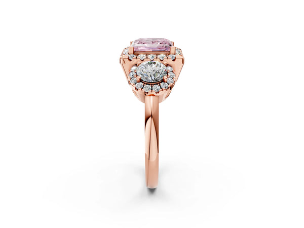 Rose Gold Princess Cut Three Stone Halo Engagement Ring Setting for Fancy Pink Center