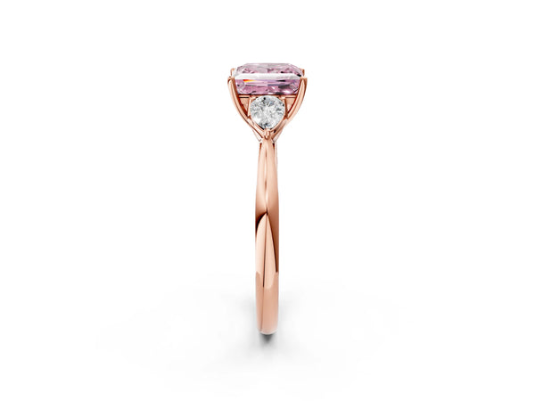 Rose Gold Princess Cut Three Stone Pear Side Engagement Ring Setting for Fancy Pink Center