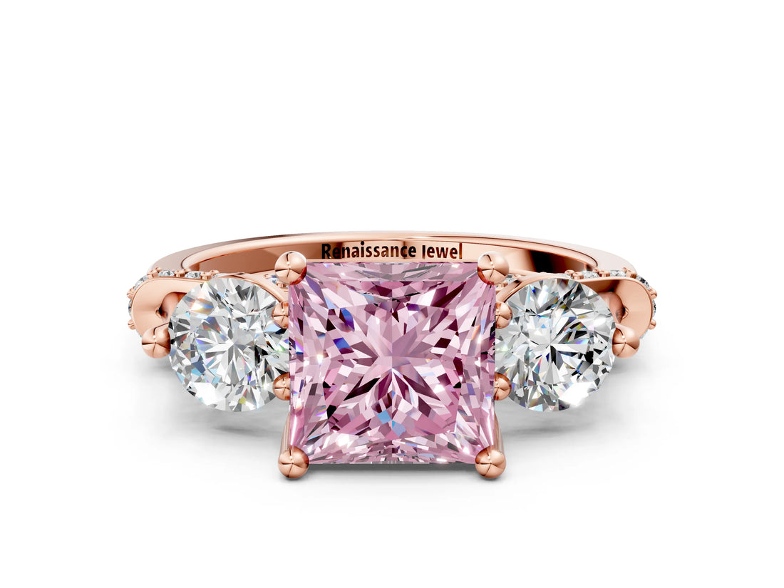 Rose gold Fancy Pink Princess Cut Diamond Three-Stone Ring with Prong Setting and Pavé Band