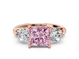 Rose gold Fancy Pink Princess Cut Diamond Three-Stone Ring with Prong Setting and Pavé Band