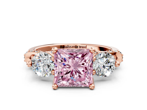 Rose Gold Princess Cut Curved Pave Three Stone Engagement Ring Setting for Fancy Pink Center