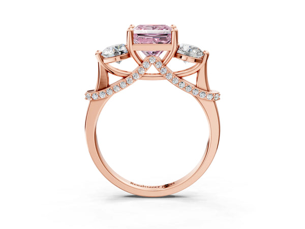 Rose Gold Princess Cut Curved Pave Three Stone Engagement Ring Setting for Fancy Pink Center