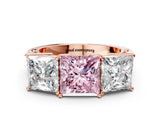 Rose gold Fancy Pink Princess Cut Diamond Three-Stone Ring with Prong Setting and Textured Band
