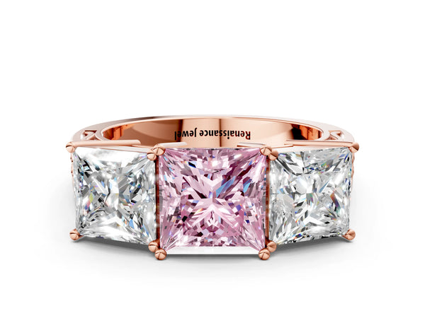 Rose gold Fancy Pink Princess Cut Diamond Three-Stone Ring with Prong Setting and Textured Band