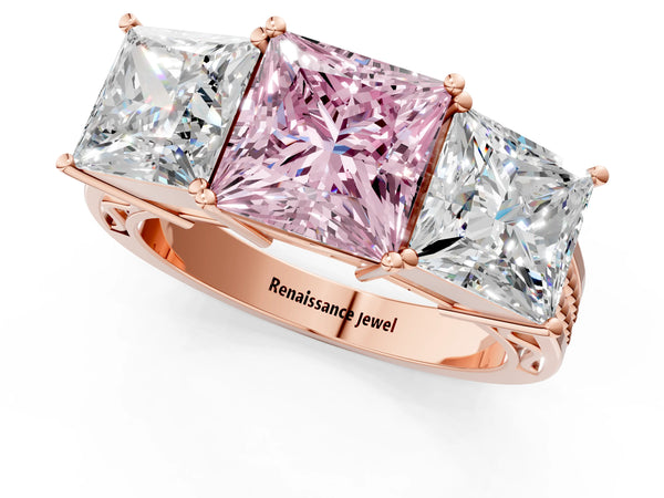 Rose gold Fancy Pink Princess Cut Diamond Three-Stone Ring with Prong Setting and Textured Band