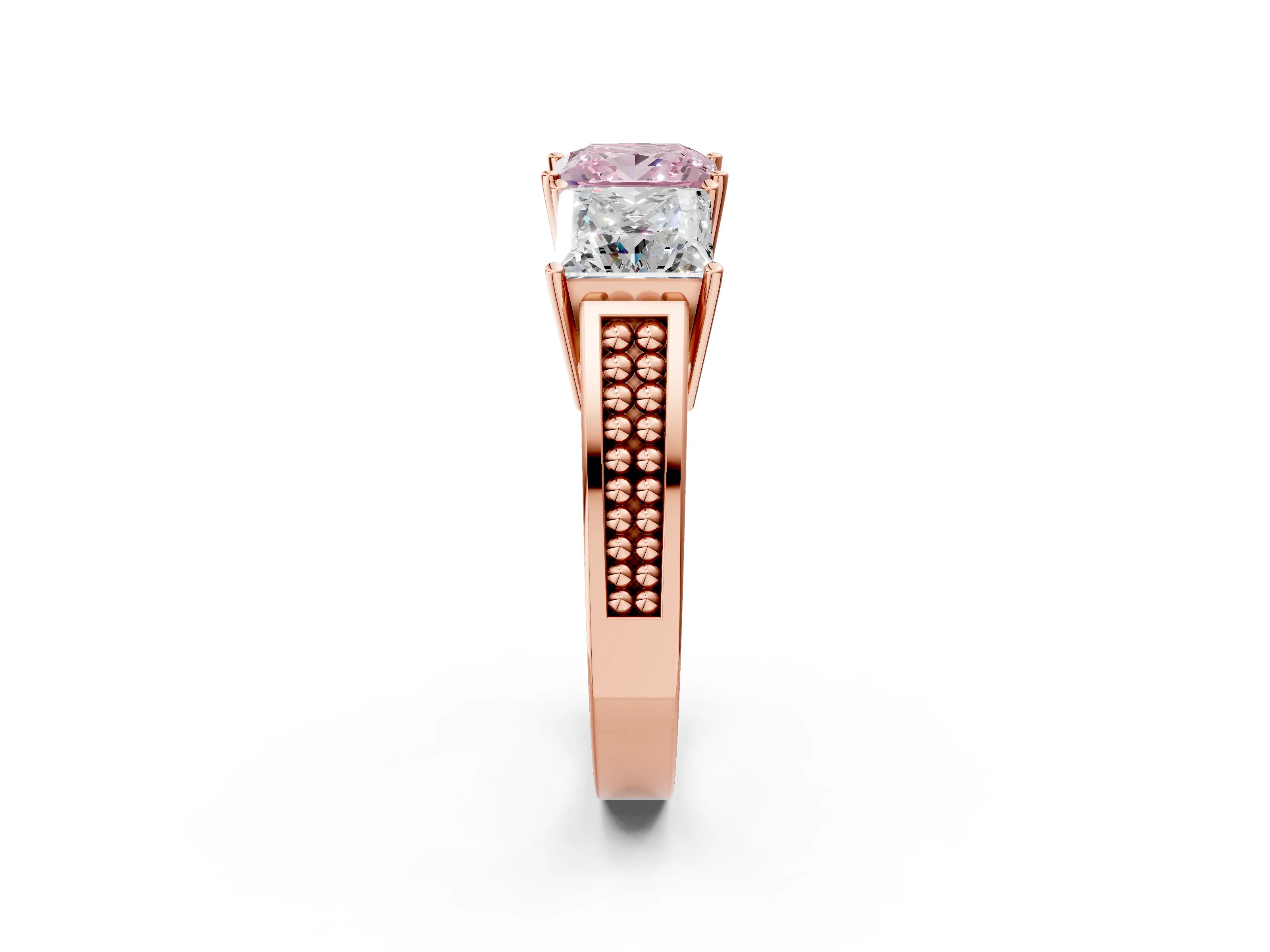 Rose gold Fancy Pink Princess Cut Diamond Three-Stone Ring with Prong Setting and Textured Band_2