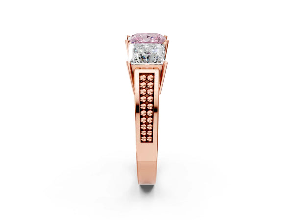 Rose gold Fancy Pink Princess Cut Diamond Three-Stone Ring with Prong Setting and Textured Band
