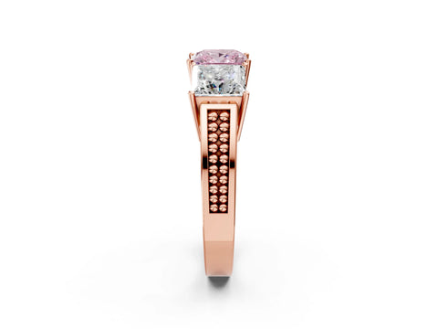 Rose gold Fancy Pink Princess Cut Diamond Three-Stone Ring with Prong Setting and Textured Band_2