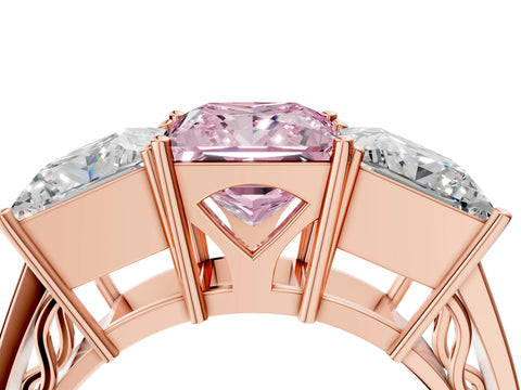 Rose gold Fancy Pink Princess Cut Diamond Three-Stone Ring with Prong Setting and Textured Band_4