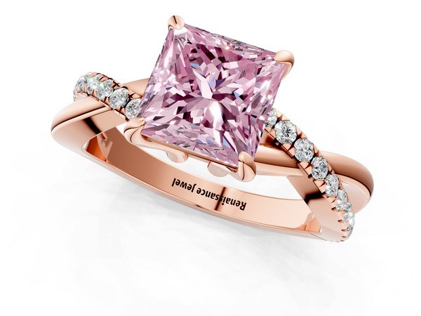 Rose gold Fancy Pink Princess  Cut Diamond Twist Band Solitaire with Prong Setting