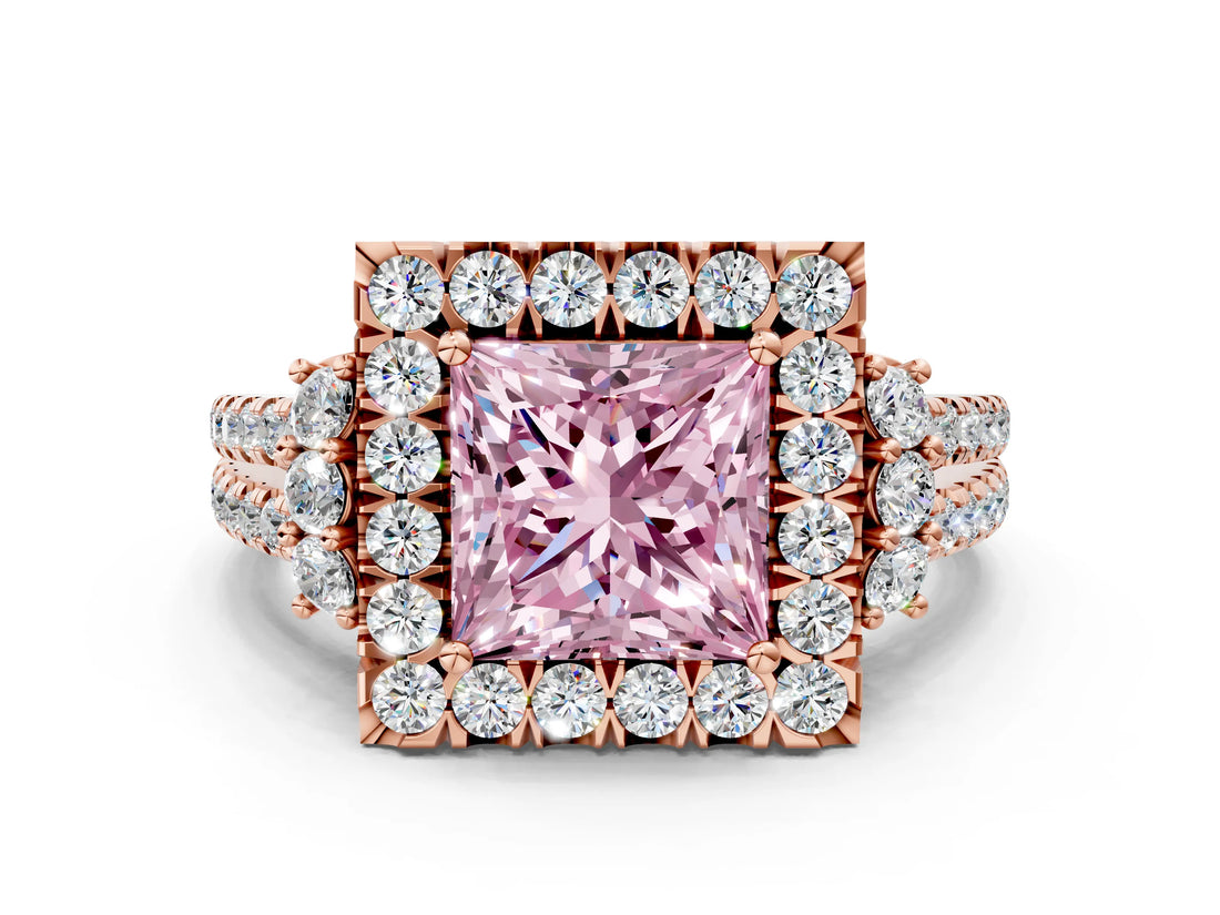 Rose gold Fancy Pink Princess  Cut Double Halo Diamond Engagement Ring with Pave Band and Four-Prong Setting