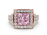 Rose gold Fancy Pink Princess  Cut Double Halo Diamond Engagement Ring with Pave Band and Four-Prong Setting