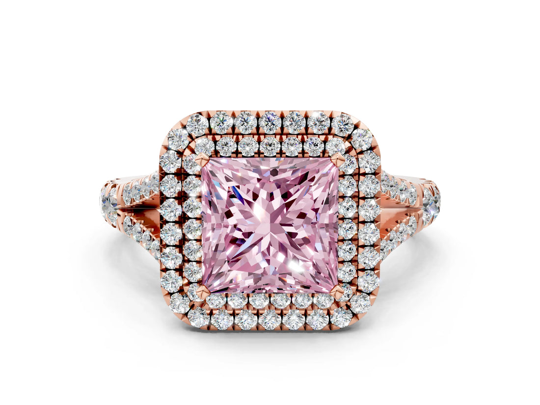 Rose gold Fancy Pink Princess  Cut Double Halo Split Shank Diamond Ring with Prong Setting_29