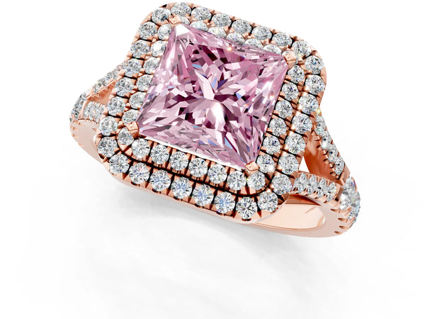 Rose gold Fancy Pink Princess  Cut Double Halo Split Shank Diamond Ring with Prong Setting