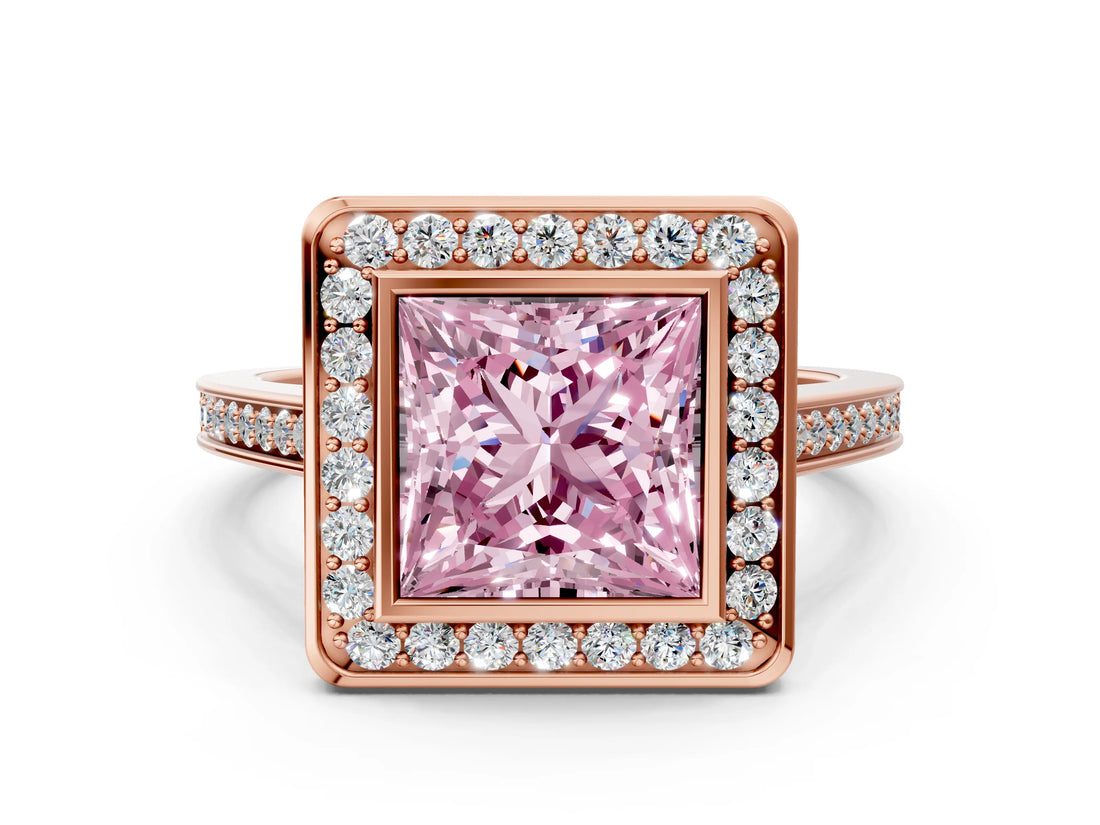 Rose gold Fancy Pink Princess Cut Halo Bezel Diamond Pave Band Ring