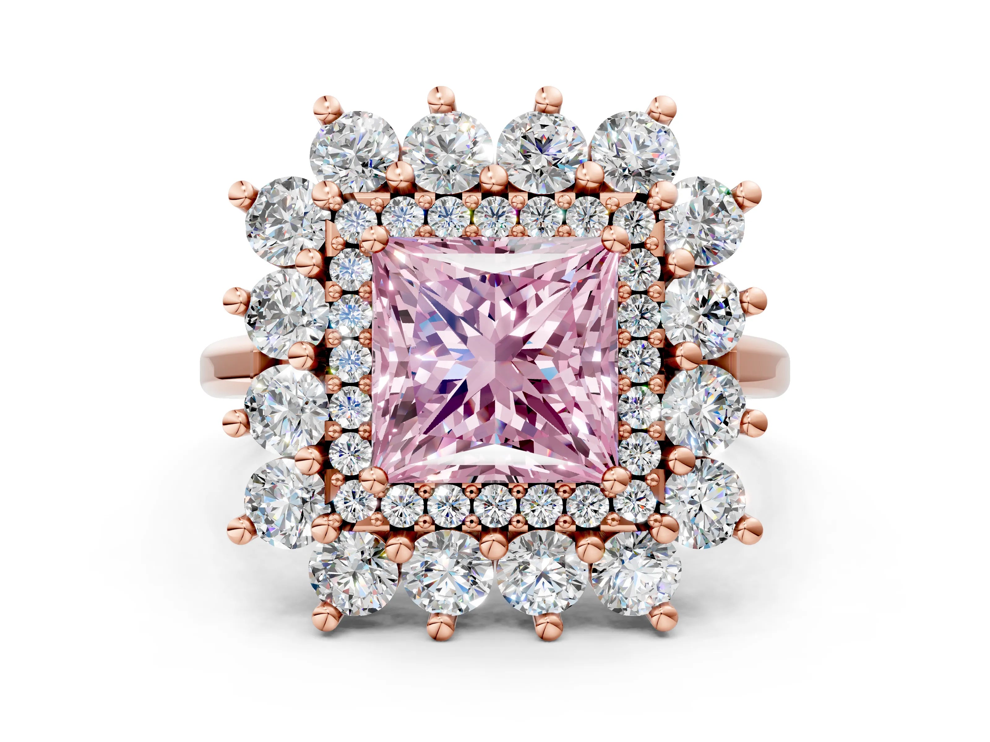 Rose gold Fancy Pink Princess Cut Halo Cluster Diamond Ring with Pave Band and Four-Prong Setting