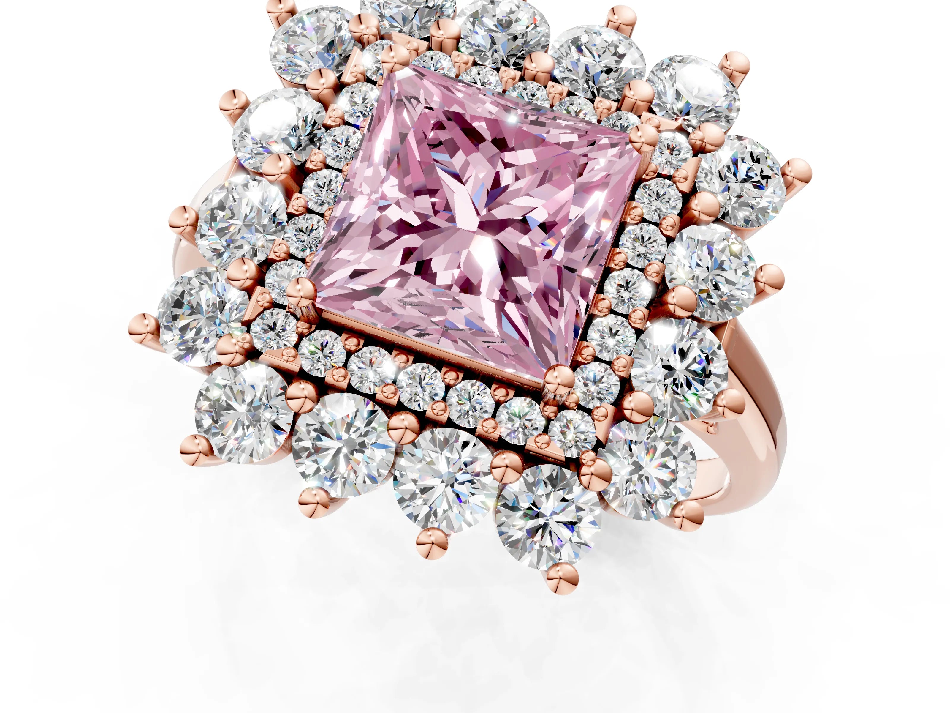 Rose gold Fancy Pink Princess Cut Halo Cluster Diamond Ring with Pave Band and Four-Prong Setting_13