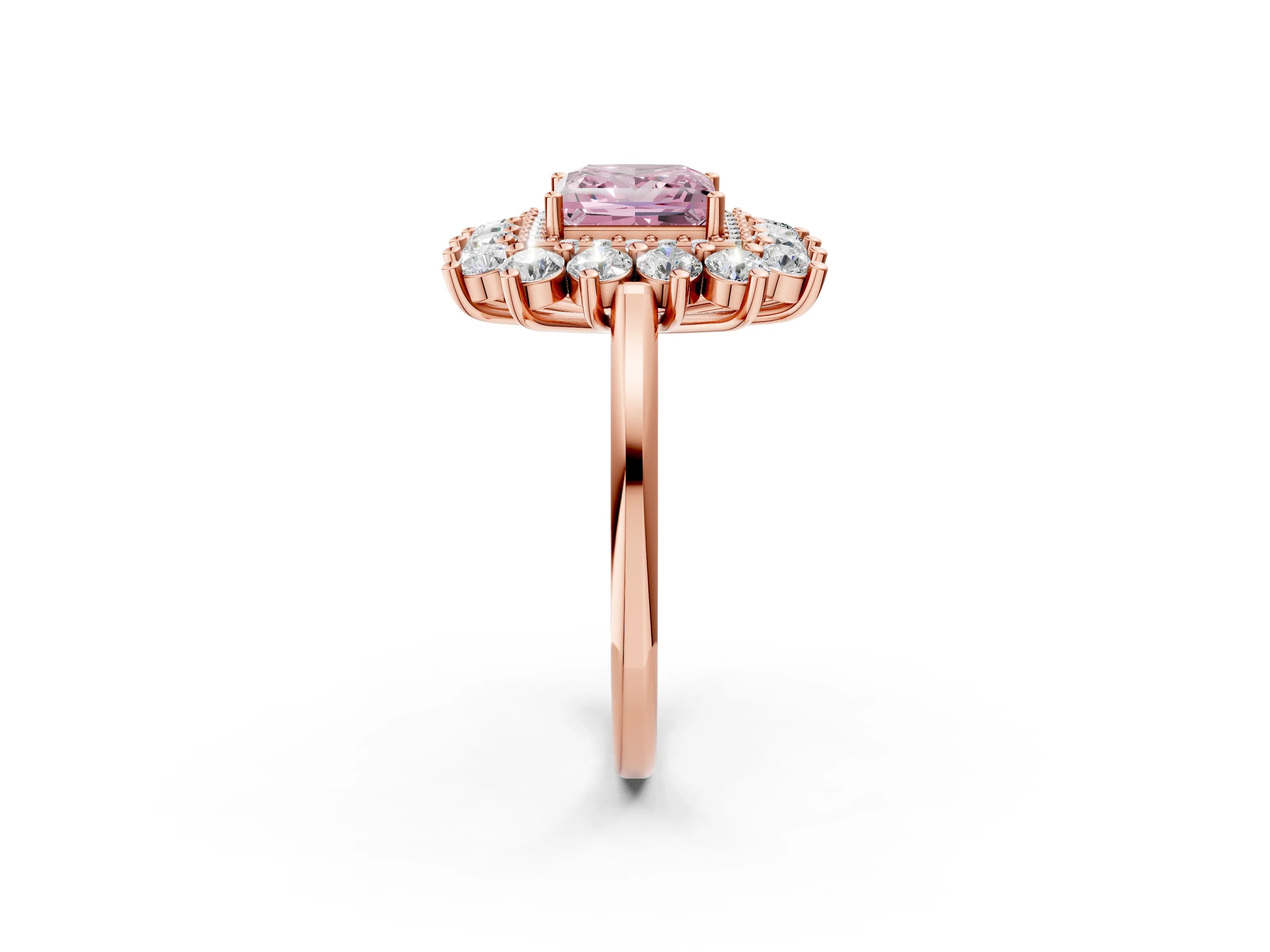 Rose gold Fancy Pink Princess Cut Halo Cluster Diamond Ring with Pave Band and Four-Prong Setting_14