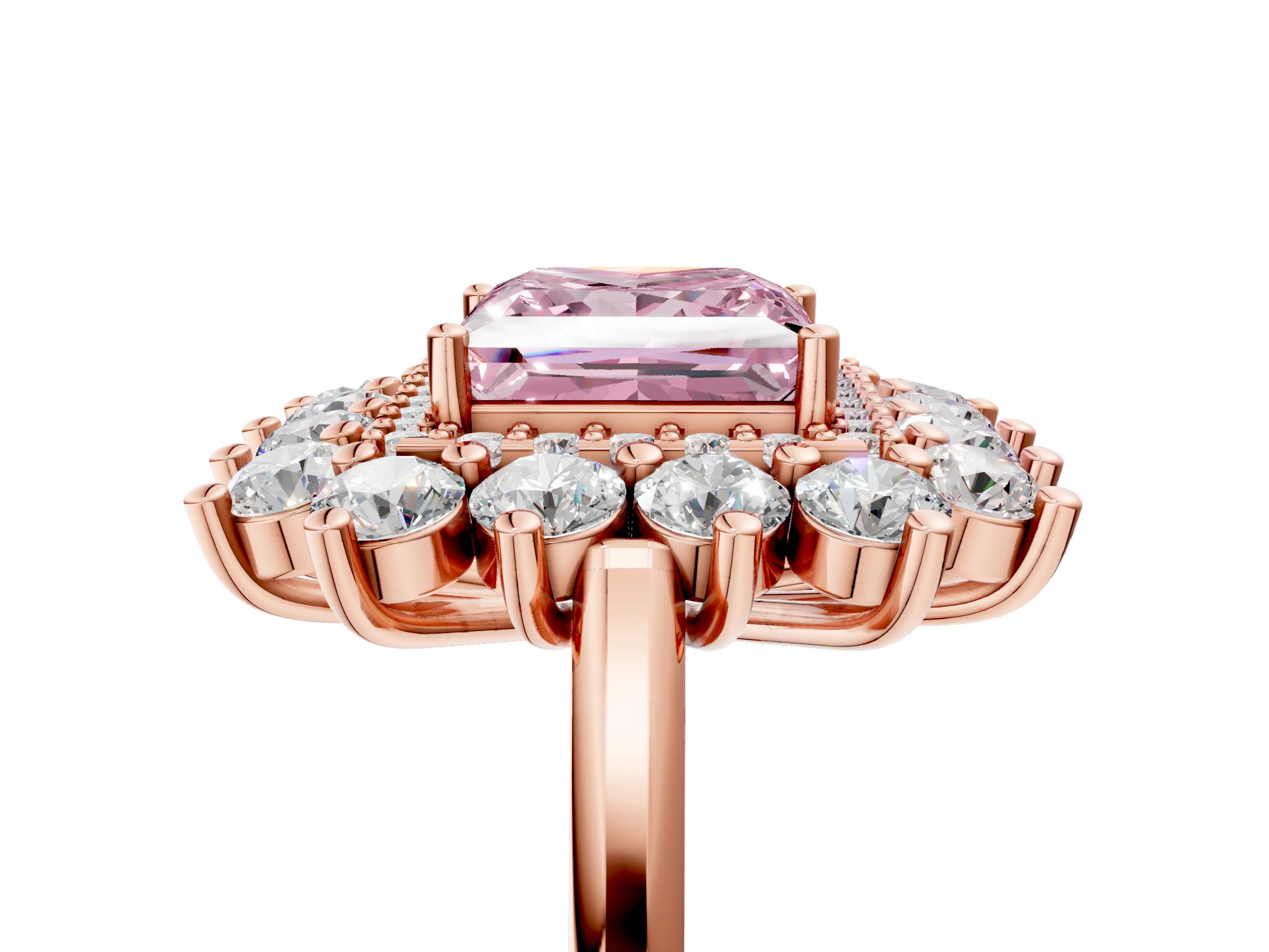 Rose gold Fancy Pink Princess Cut Halo Cluster Diamond Ring with Pave Band and Four-Prong Setting_17