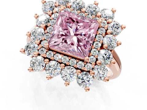Rose gold Fancy Pink Princess Cut Halo Cluster Diamond Ring with Pave Band and Four-Prong Setting_1
