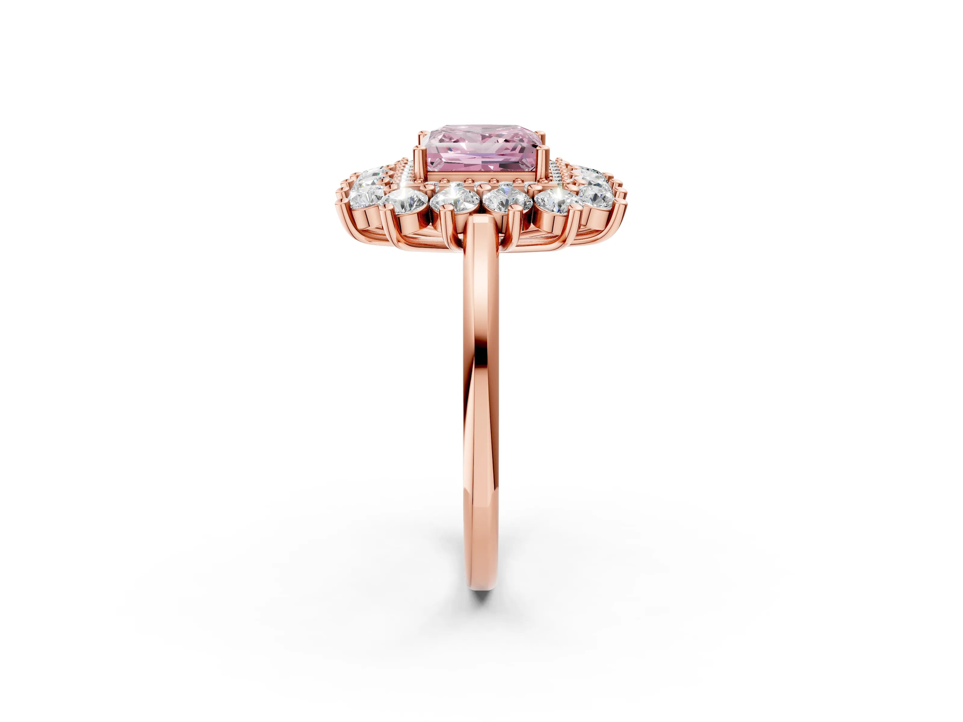 Rose gold Fancy Pink Princess Cut Halo Cluster Diamond Ring with Pave Band and Four-Prong Setting_2