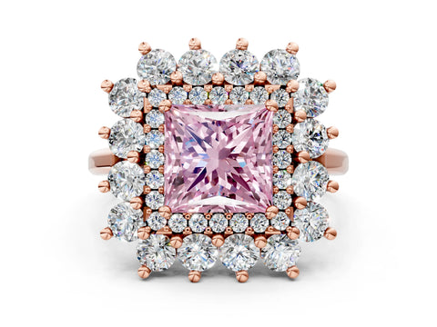 Rose gold Fancy Pink Princess Cut Halo Cluster Diamond Ring with Pave Band and Four-Prong Setting
