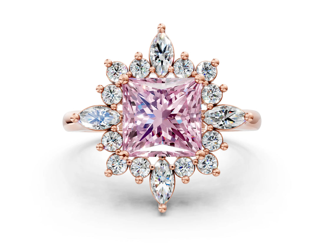 Rose gold Fancy Pink Princess Cut Halo Diamond Cluster Ring with Marquise and Round Stones on a White Gold Band with Prong Setting