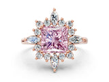 Rose gold Fancy Pink Princess Cut Halo Diamond Cluster Ring with Marquise and Round Stones on a White Gold Band with Prong Setting