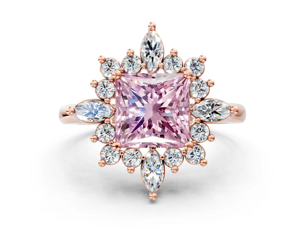 Rose gold Fancy Pink Princess Cut Starburst Halo Engagement Ring Setting with Marquise and Round Accents