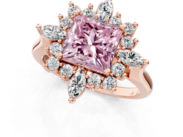 Rose gold Fancy Pink Princess Cut Starburst Halo Engagement Ring Setting with Marquise and Round Accents