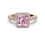 Rose gold Fancy Pink Princess  Cut Halo Diamond Engagement Ring with Pave Band and Four-Prong Setting