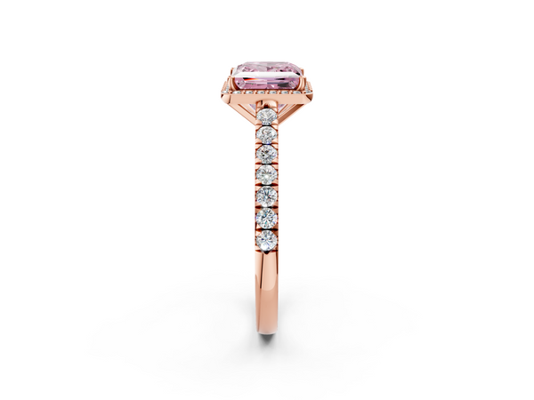 Rose gold Fancy Pink Princess  Cut Halo Diamond Engagement Ring with Pave Band and Four-Prong Setting