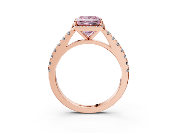 Rose gold Fancy Pink Princess  Cut Halo Diamond Engagement Ring with Pave Band and Four-Prong Setting